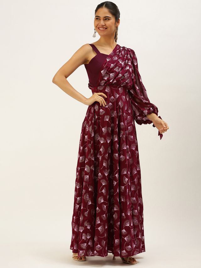 Bollywood Vogue Ready To Wear Maroon Foil Printed Maxi Dress