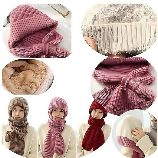2-in-1 Woolen Winter Cap with Attached Muffler for Women & Girls Stylish Knitted Beanie Scarf Combo Multicolour