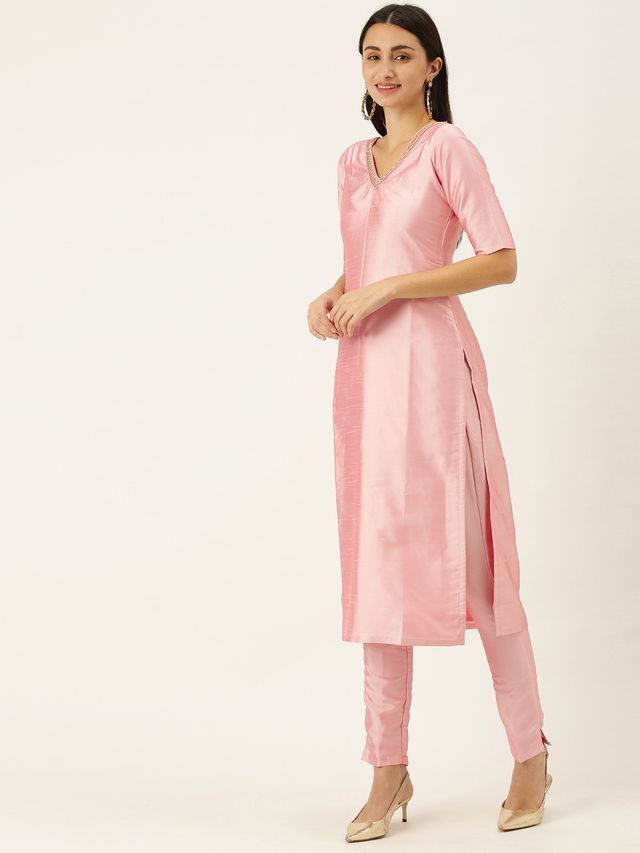 Bollywood Vogue Ready To Wear Pink Art Silk N Off White Organza Straight Suit
