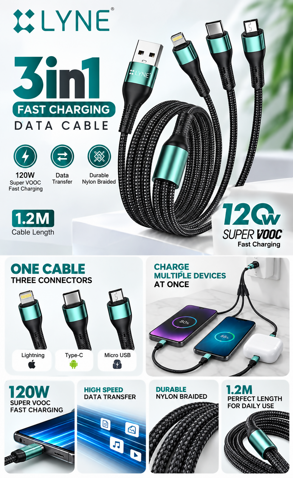 LYNE Flexy 63 Startup-59 3-in-1, 120W Super VOOC Data Cable – Type-C + Lightning + Micro USB, 1.2 Metre, Black