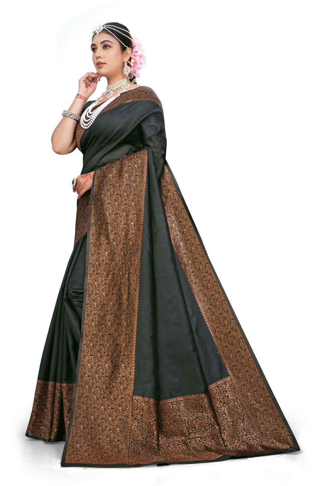 AXONIT Luxury Royal Black Silk Saree with Heavy Copper Zari Border