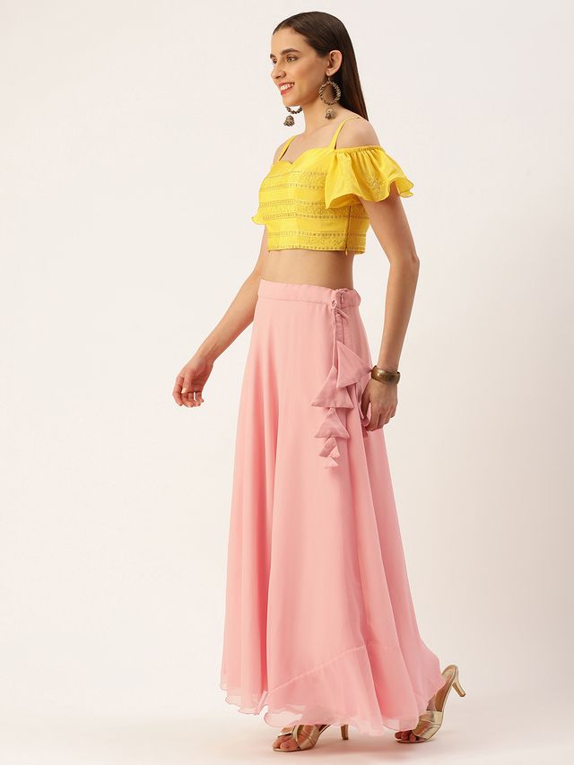 Bollywood Vogue Ready To Wear Pink N Yellow Embroidered Lehenga Set