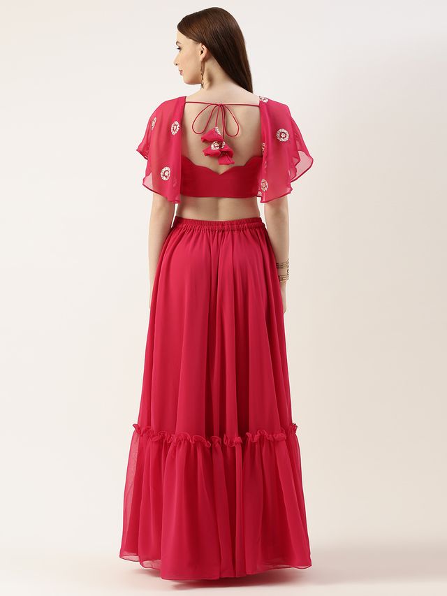 Bollywood Vogue Ready To Wear Hot Pink Georgette Embroidered Crop Top Skirt Set