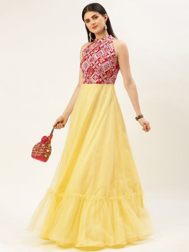 Bollywood Vogue Ready To Wear Dark Pink Embroidered Georgette N Yellow Net Dress