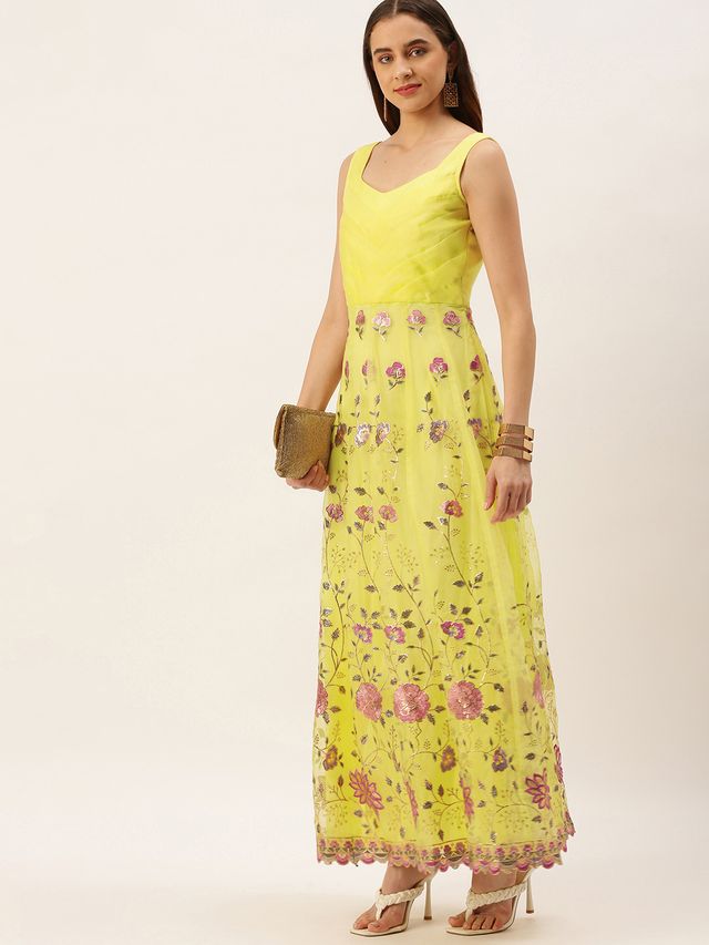 Bollywood Vogue Ready To Wear Yellow Organza Embroidered Gown