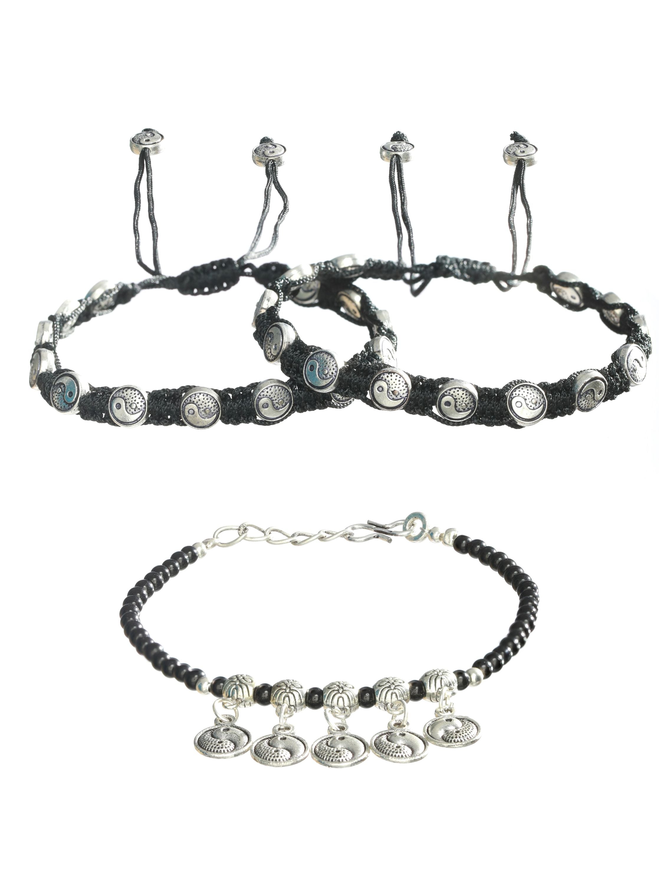 Set Of 3 Silver-Toned & Black Beaded Tribal Thread Anklets/Bracelet