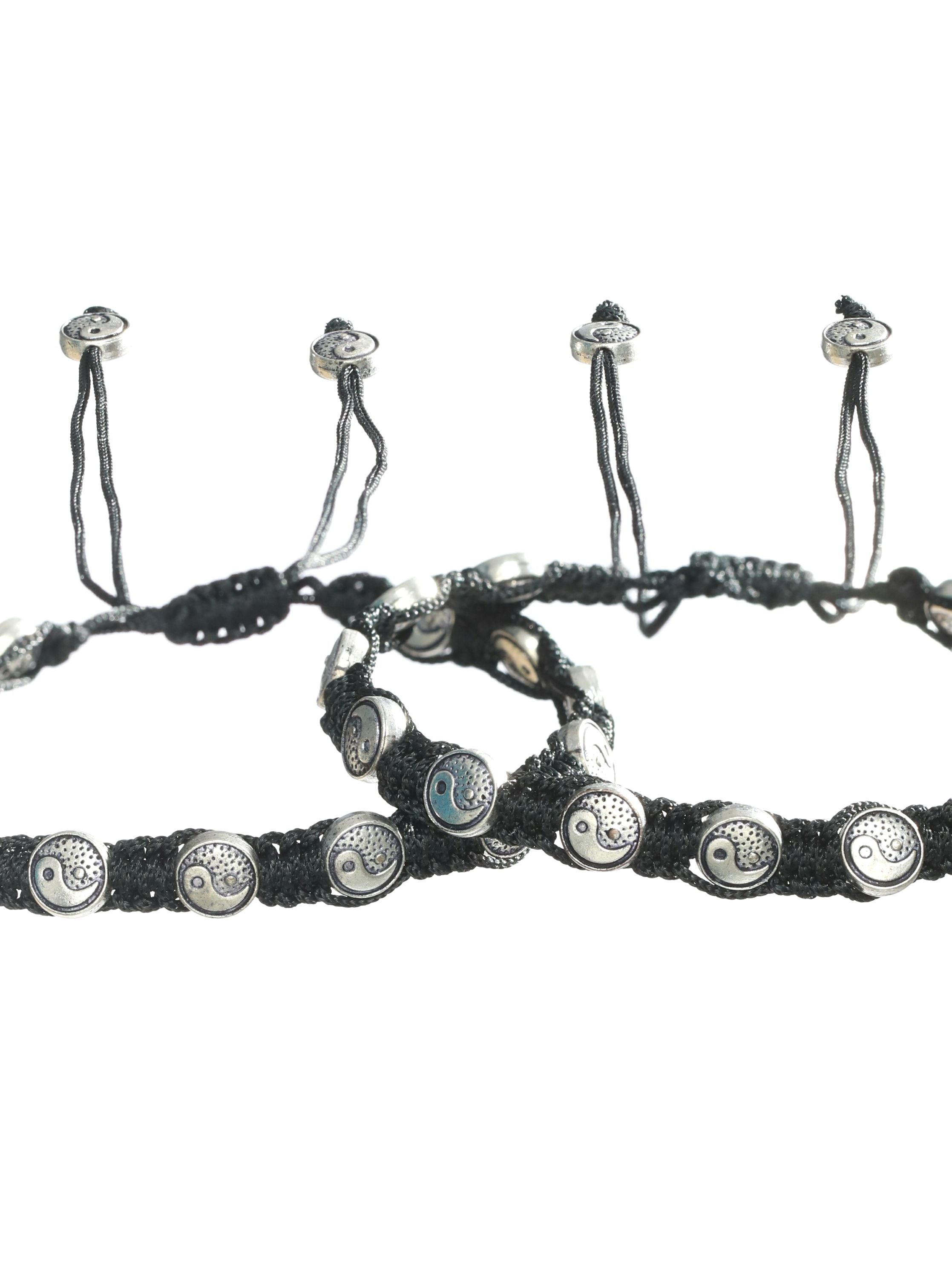 Set Of 3 Silver-Toned & Black Beaded Tribal Thread Anklets/Bracelet