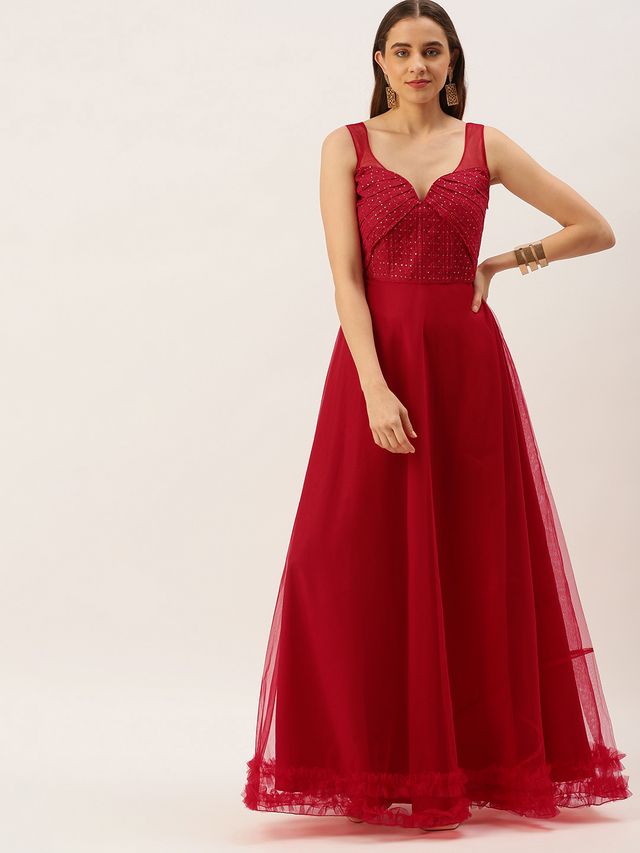 Bollywood Vogue Ready To Wear Dark Red Georgette Sequins Embroidered Gown