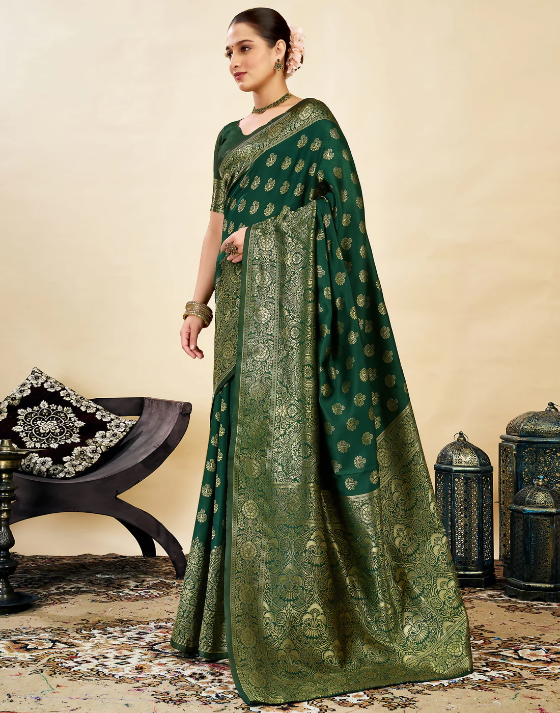 Royal Emerald Jacquard Saree with Golden Zari Work & Heavy Brocade Border