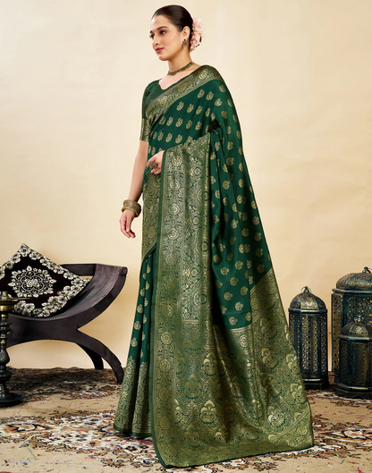 Royal Emerald Jacquard Saree with Golden Zari Work & Heavy Brocade Border