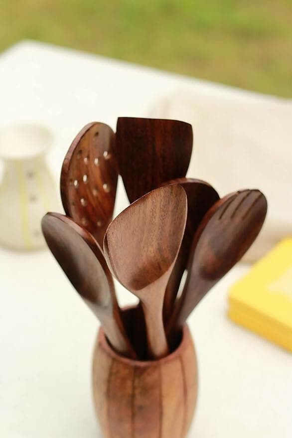 Wood Chop Sheesham Wood Serving Spoons Spatula for Non Stick Cookware (Set of 6) - HalfPe