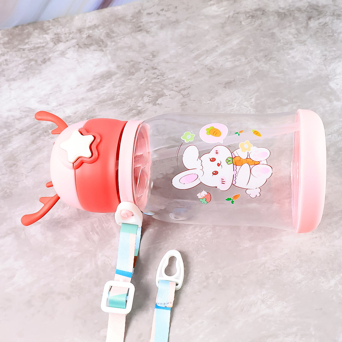 Cute Cartoon Water Bottle Approx for Kids with Straw and Strap with Leakproof BPA-Free Sipper Bottle with Star Cap and Antler Design450ml (1 Pc)