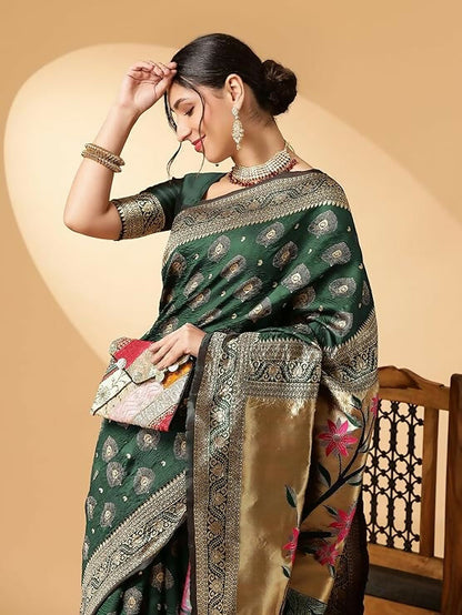 AXONIT Jacquard Silk Saree – Golden Zari Peacock Design, Festive Wear