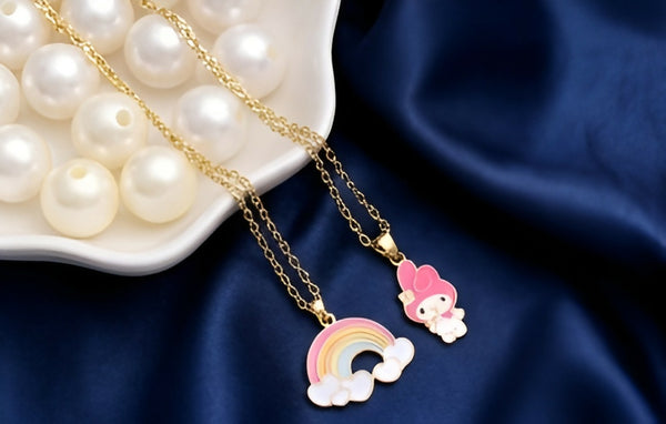 Set of 2 Cute Rainbow & Bunny Pendant Necklaces – Gold-Plated Cartoon Jewelry