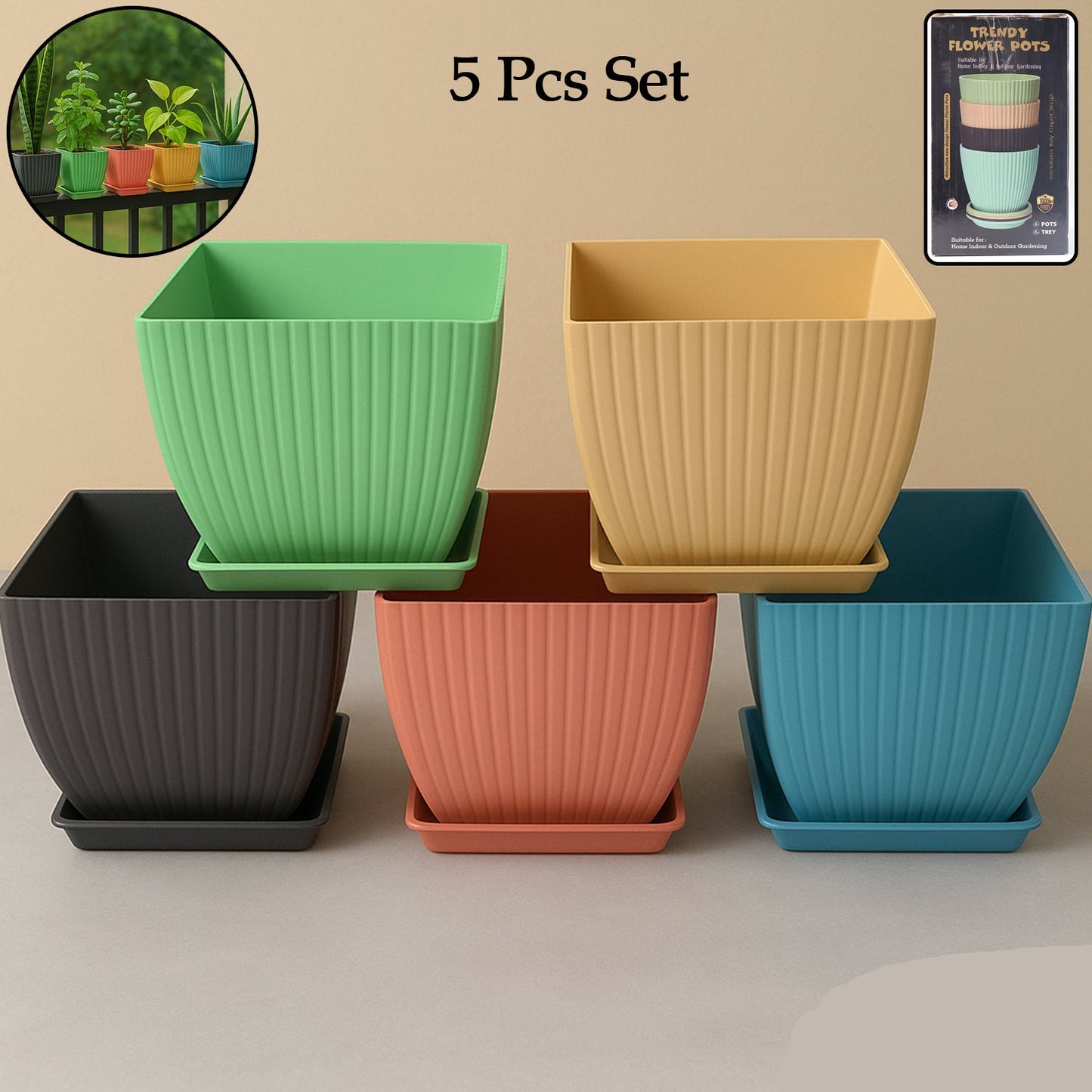 Trendy Square Plastic Flower Pots (Set Of 5)