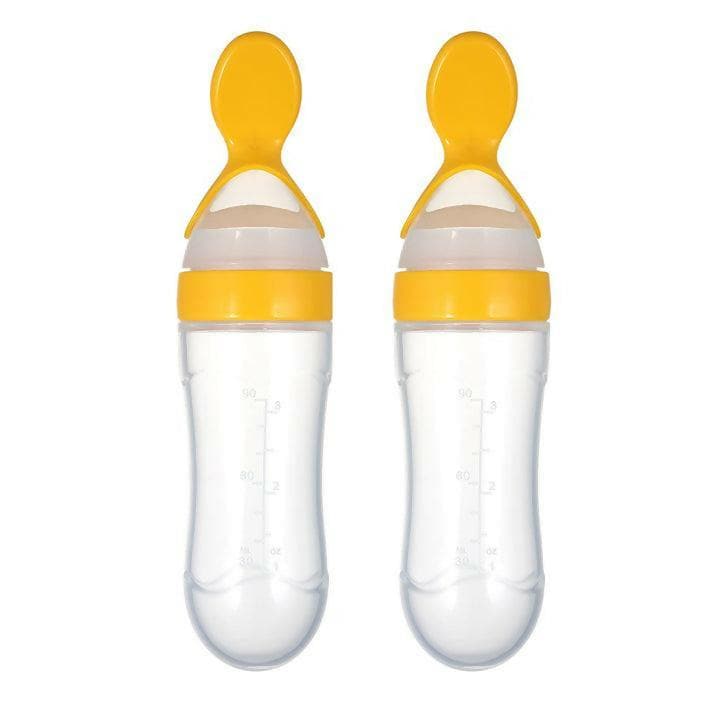 Safe-O-Kid 2 Easy Squeezy Silicone Food Feeder Spoon (Soft Tip) Bottle, 90ml, (Pack Of 2 - Multicolour) - HalfPe