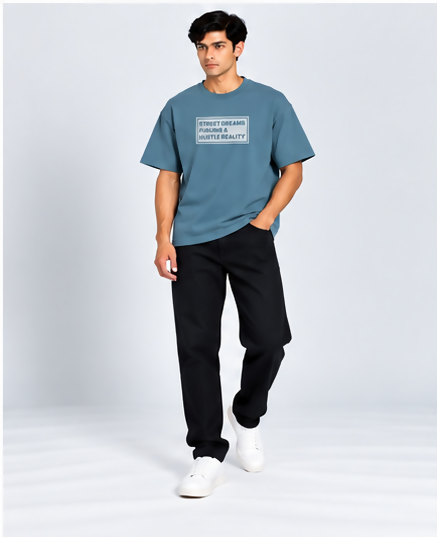 HUSTLE Men's Crew Neck Oversized T-Shirt – Dull Teal Blue(Oversized fit)
