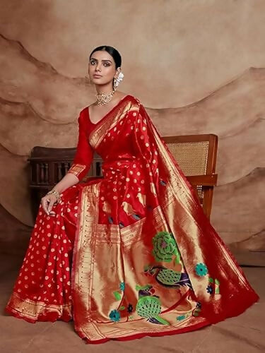 AXONIT Royal Radiance Red Soft Silk Saree with Golden Zari Peacock Pallu