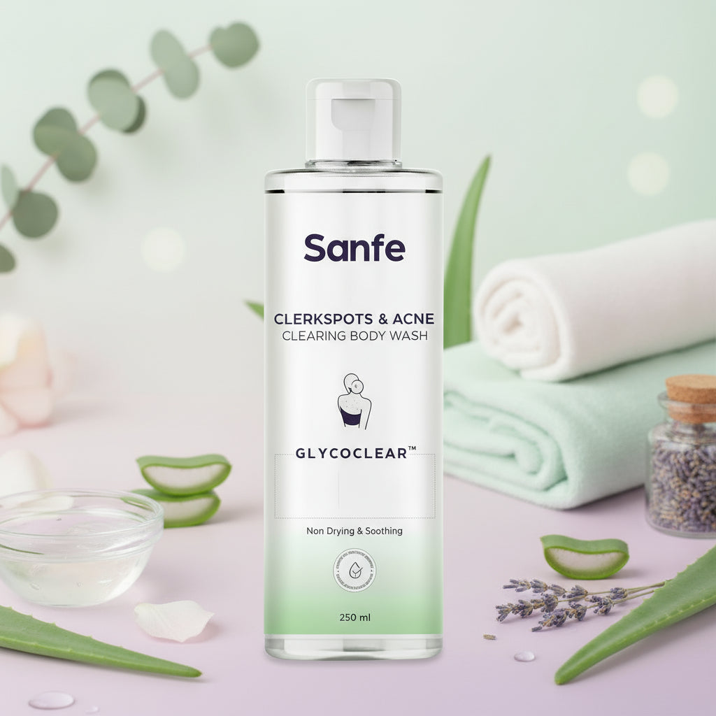 Sanfe Dark Spots & Acne Clearing Body Wash Prevents Body Acne, Bumpy Skin & Fades Dark Spots Salicylic Acid, Glycolic Acid & Tea Tree Non Drying Formula 250ml