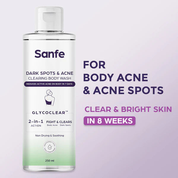Sanfe Dark Spots & Acne Clearing Body Wash Prevents Body Acne, Bumpy Skin & Fades Dark Spots Salicylic Acid, Glycolic Acid & Tea Tree Non Drying Formula 250ml