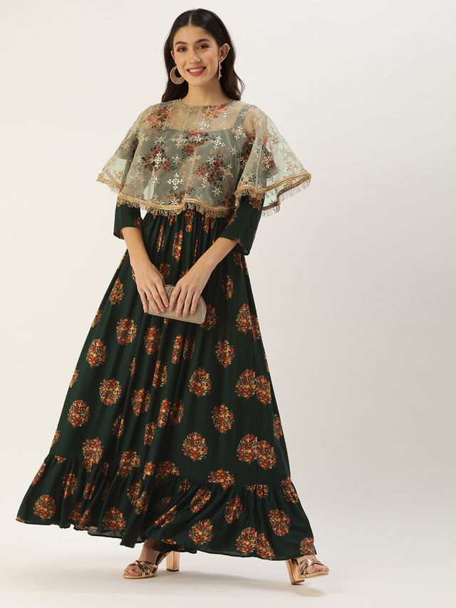 Bollywood Vogue Ready To Wear Green Rayon Printed Strap Neckline Dress