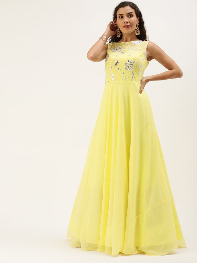 Bollywood Vogue Ready To Wear Yellow Georgette Embroidered Boat Neck Gown