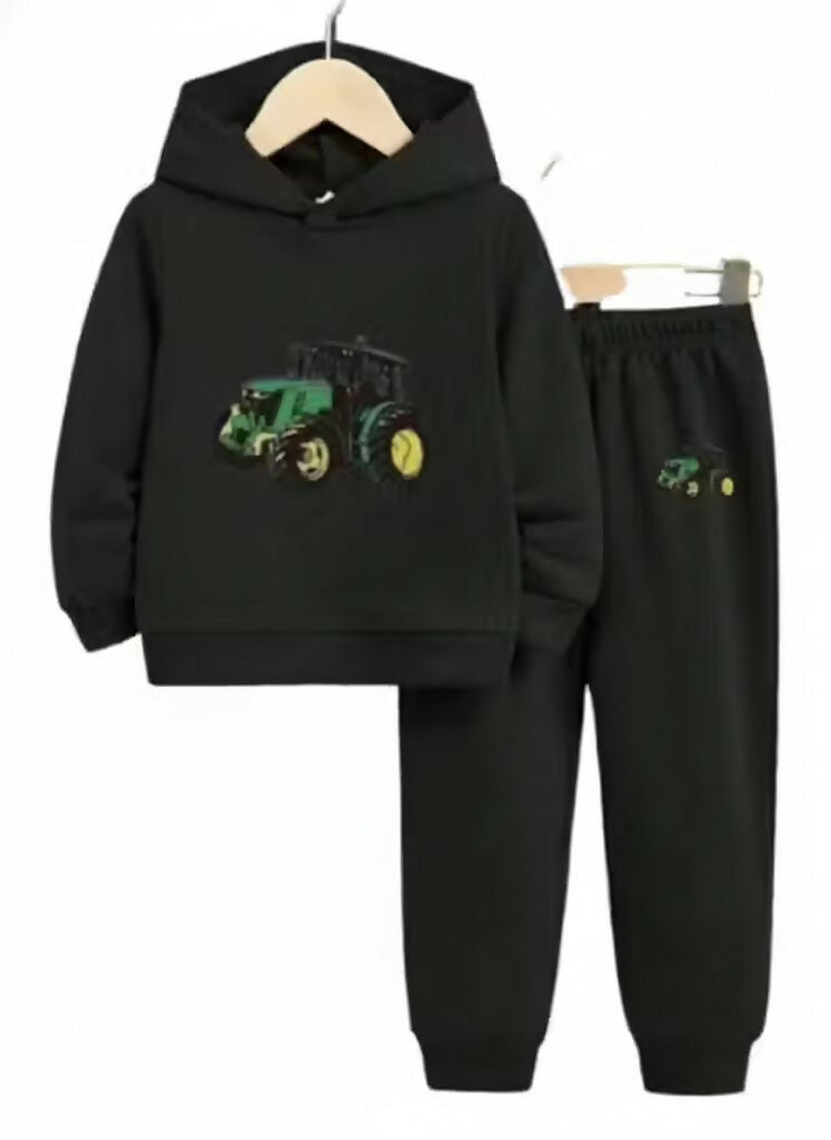 Kids green farming tractor Printed Cotton Blend Hoodie & Jogger Set Luck Fashion