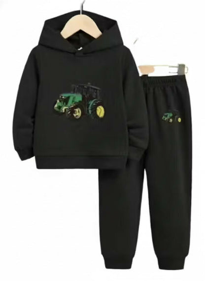 Kids green farming tractor Printed Cotton Blend Hoodie & Jogger Set Luck Fashion