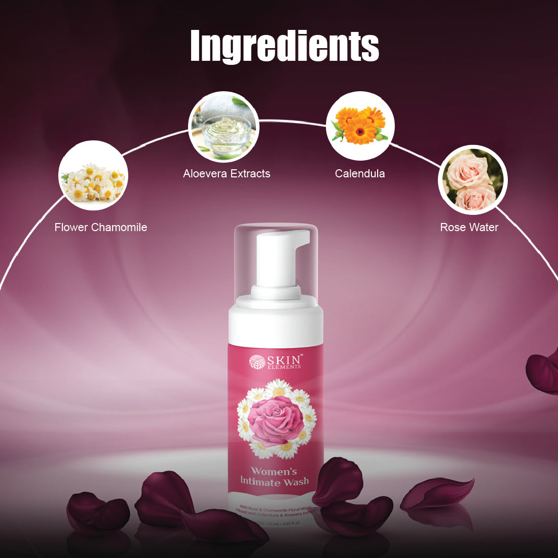 Skin Elements Intimate wash for Women (120 ml) with Rose & Chamomile Water, Calendula & Aloe Vera Extracts | Prevents Itching, Irritation & Bad Odor