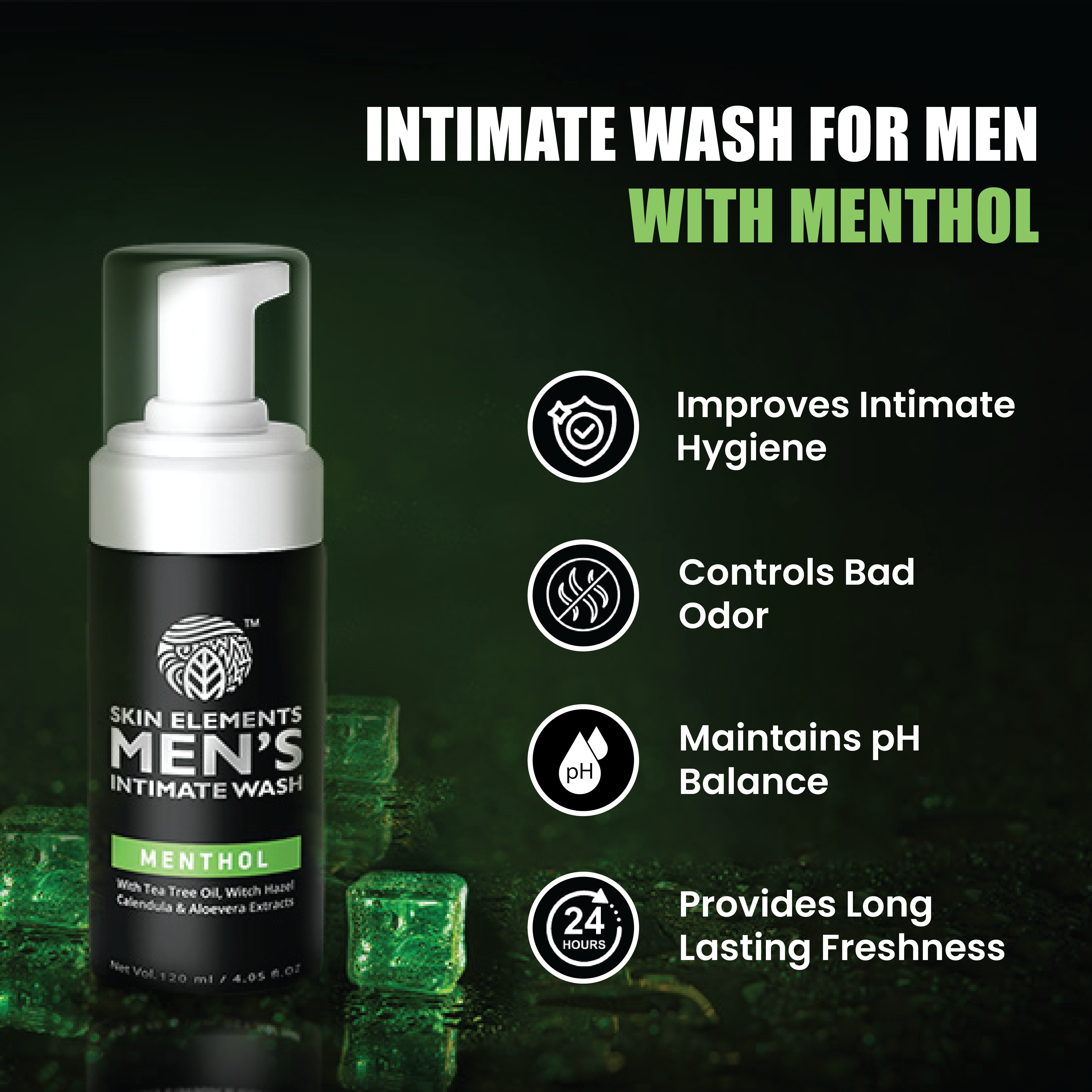Skin Elements Intimate Wash for Men with Menthol | pH Balanced Foaming Intimate Wash | Soothes, Refreshes & Cools Intimate Area | Controls Bad Odor | 4.05 fl. oz