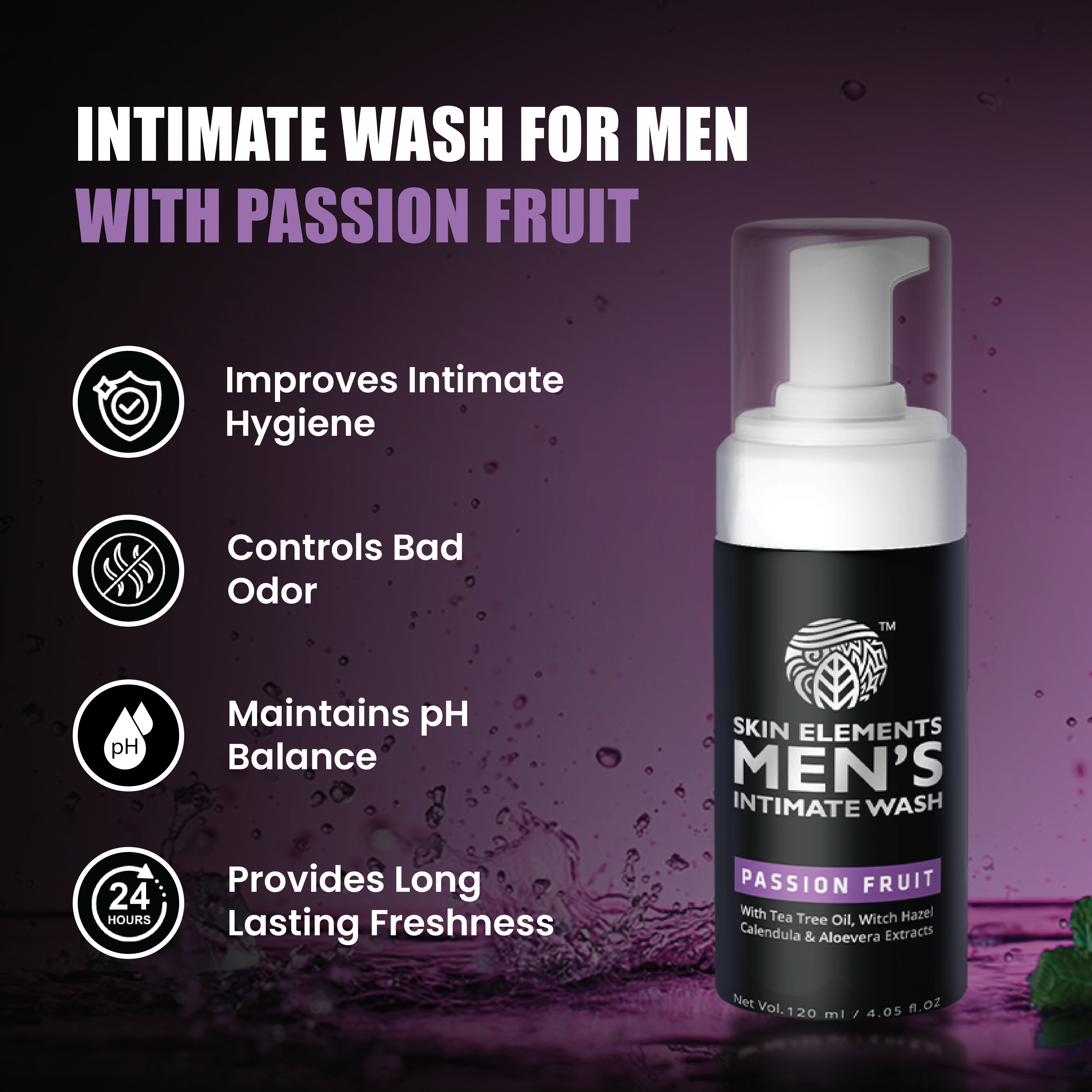 Skin Elements Intimate Wash for Men | pH Balanced Foaming Wash with Passion Fruit | Soothes, Refreshes & Maintains Hygiene | 4.05 fl. oz.