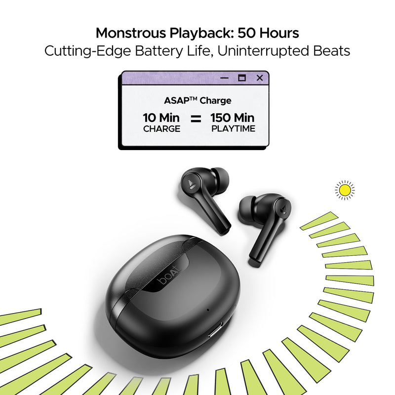 boAt Airdopes 300 Wireless Earbuds with Quad Mics AI ENx™ Tech, ASAP™ Charge, Spatial Audio (Playback time : 50 hrs, black)