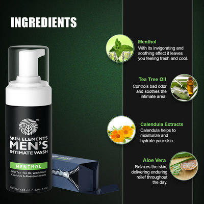 Skin Elements Intimate Wash for Men with Menthol | pH Balanced Foaming Intimate Wash | Soothes, Refreshes & Cools Intimate Area | Controls Bad Odor | 4.05 fl. oz