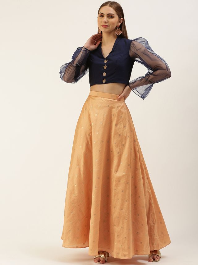 Bollywood Vogue Ready To Wear Peach Jacquard N Navy Blue Art Silk Skirt Set