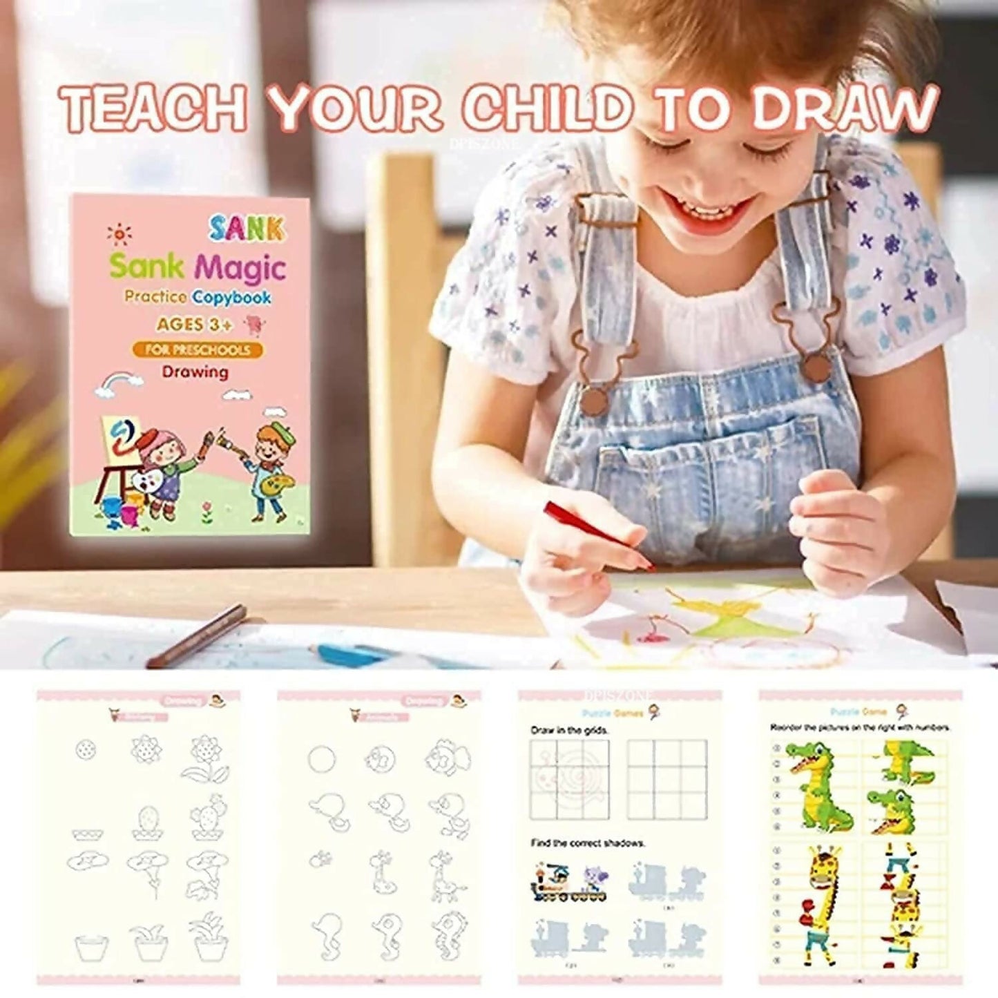 Magic Practice Copybook Set for Kids 4 Reusable Books with Pen, 10 Refills & Grip Number Tracing, Handwriting & Calligraphy Learning Set for Preschoolers
