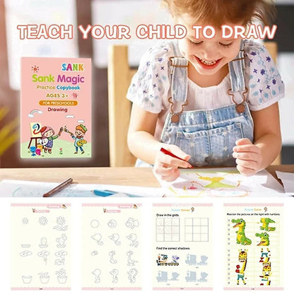 Magic Practice Copybook Set for Kids 4 Reusable Books with Pen, 10 Refills & Grip Number Tracing, Handwriting & Calligraphy Learning Set for Preschoolers