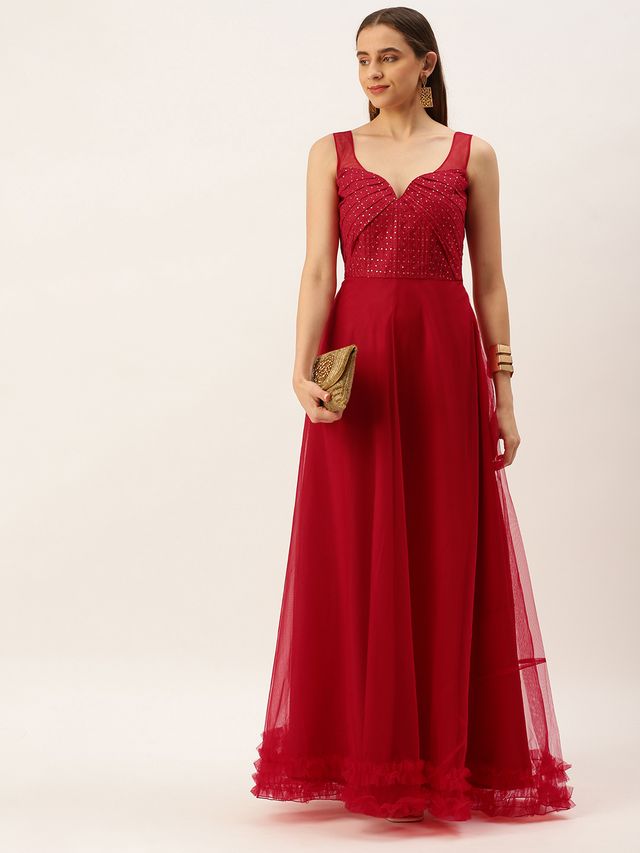 Bollywood Vogue Ready To Wear Dark Red Georgette Sequins Embroidered Gown