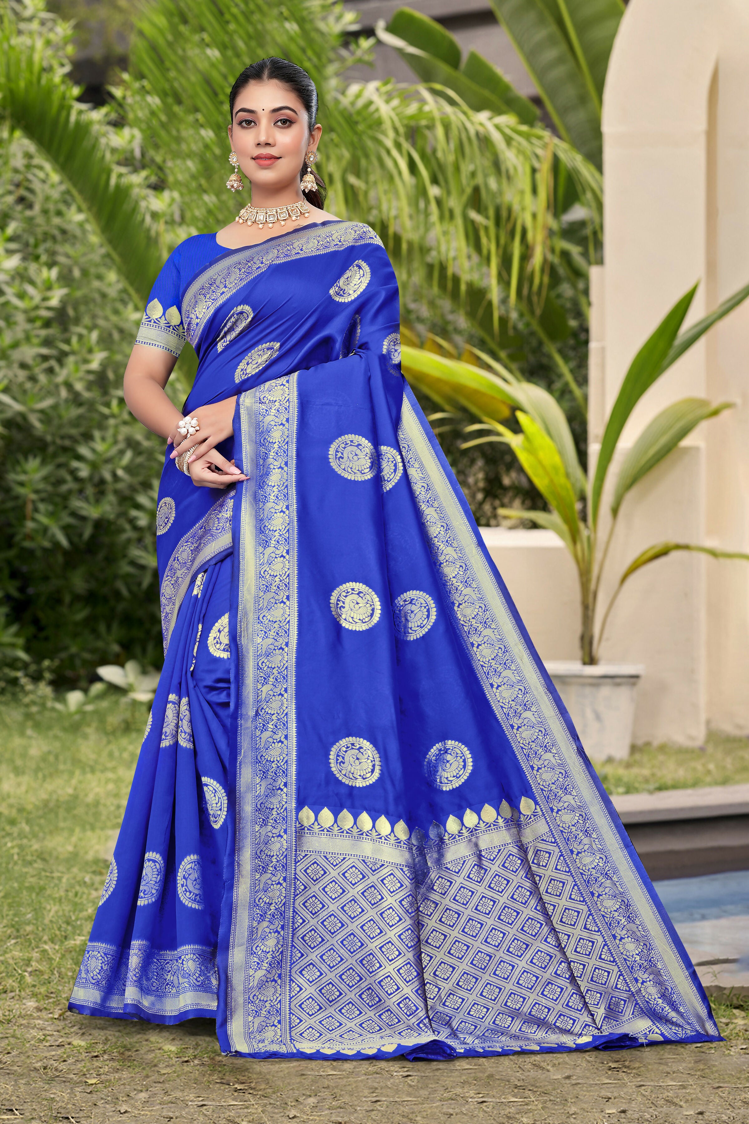 AXONIT Classic Royal Blue Banarasi Silk Saree with Silver Zari Border