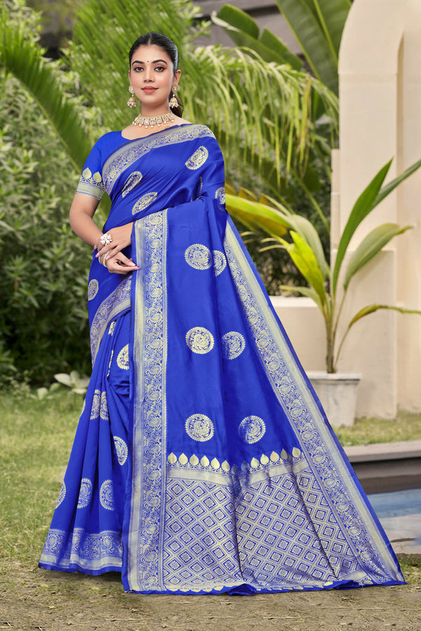 AXONIT Classic Royal Blue Banarasi Silk Saree with Silver Zari Border