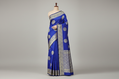 AXONIT Classic Royal Blue Banarasi Silk Saree with Silver Zari Border Axonit
