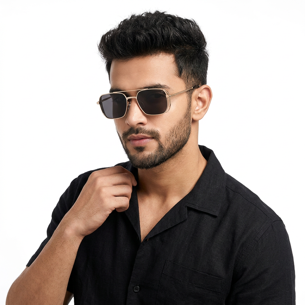 Eyejack Golden Square Sunglasses for Men and Women - worn by a male model (image 1)