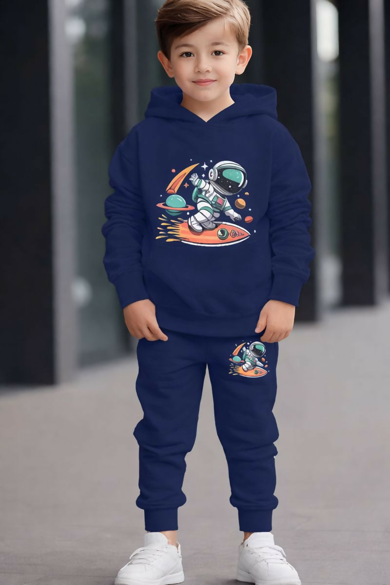 Kids Navy Blue Astronaut Print Hoodie & Jogger Set Luck Fashion
