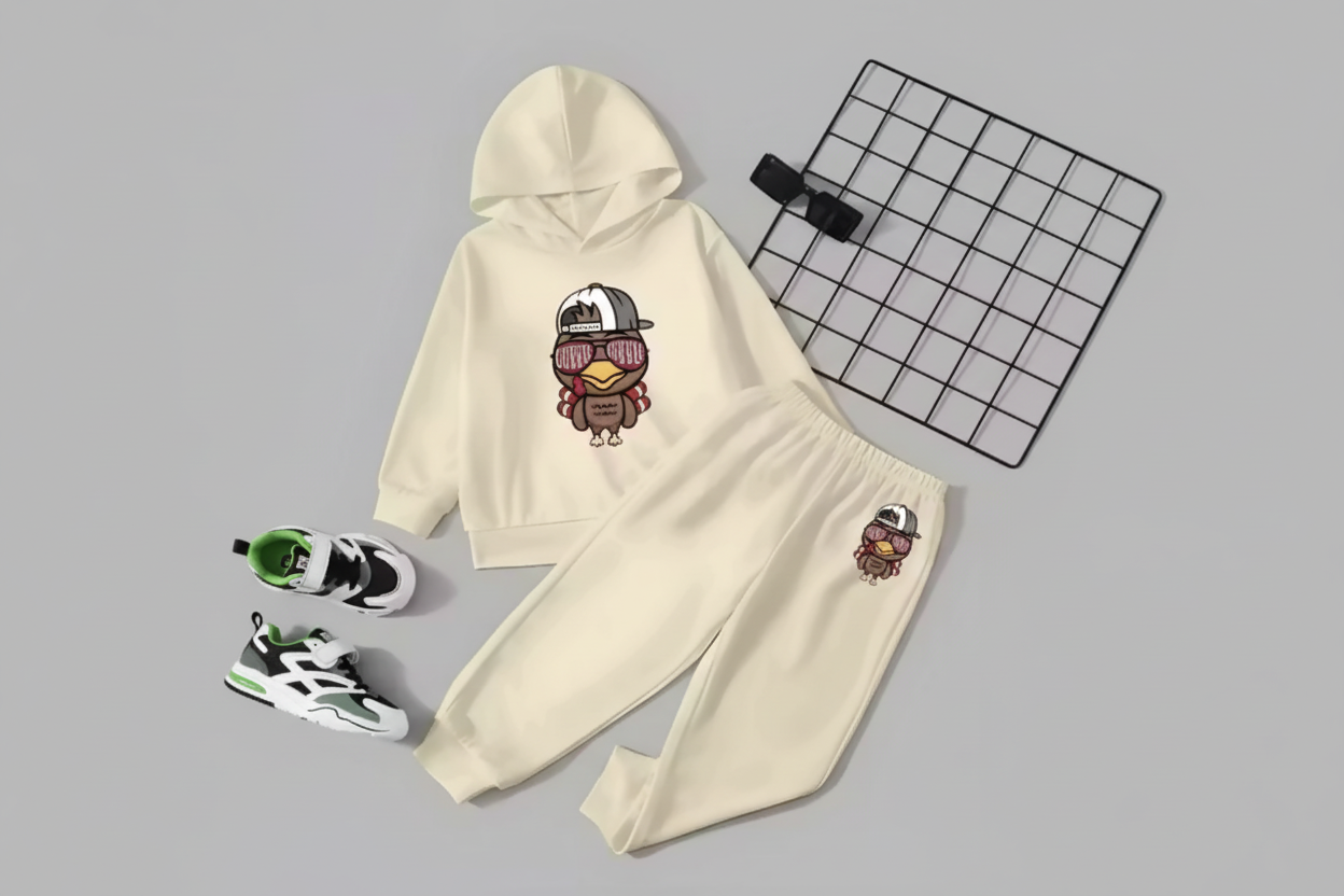 Kids Hooded Sweatshirt & Jogger Set – Cool Bird Cartoon Print Casual Wear (Cream) Luck Fashion