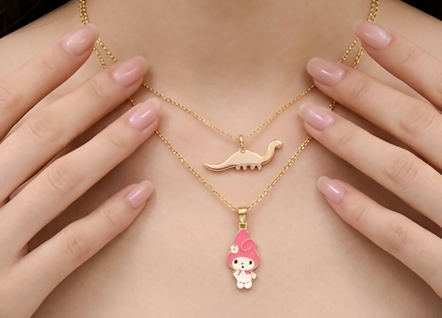 Set of 2 Gold-Plated Cute Bunny & Minimal Dinosaur Pendant Necklaces