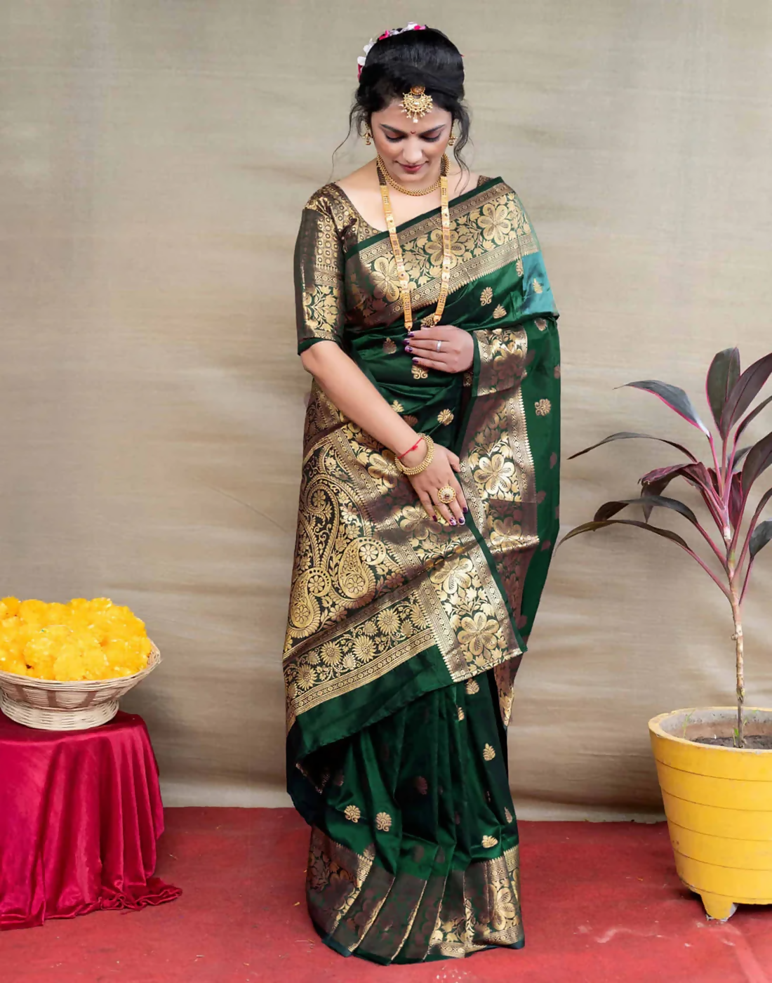 AXONIT Royal Emerald Jacquard Saree with Broad Golden Zari Border & Pallu