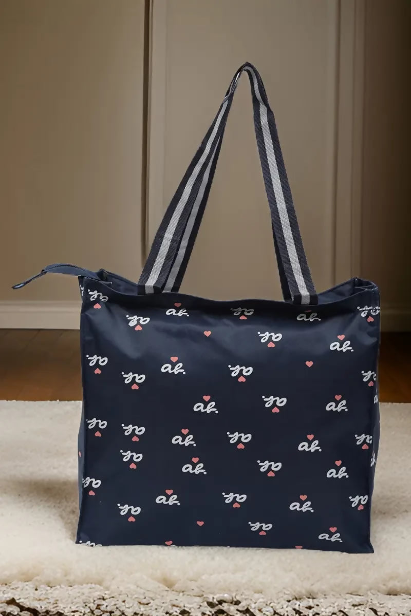 Letter Printed Canvas Tote Hand Bag for Girls (Navy Blue)