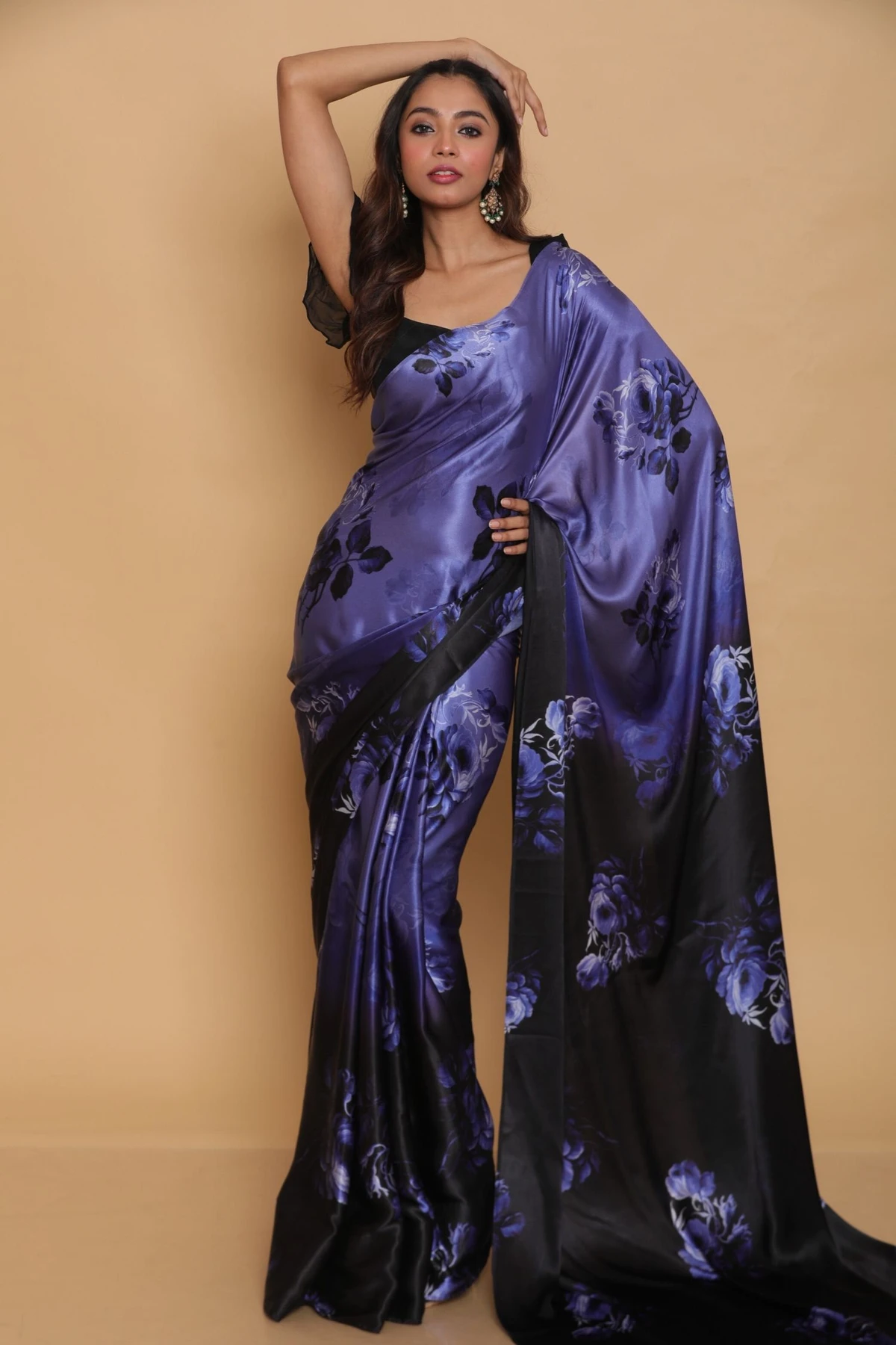 Floral Printed Heavy Satin Sarees With Plain Blouse
