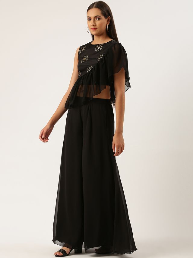 Bollywood Vogue Ready To Wear Black Chinnon Embroidered  Palazzo Set