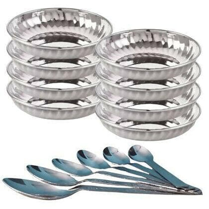 SHINI LIFESTYLE Stainless-steel Halwa Plate for Serving Dish Dinner 8pc with 8pcs spoon set Combo pack (Set of 16 pcs) - HalfPe