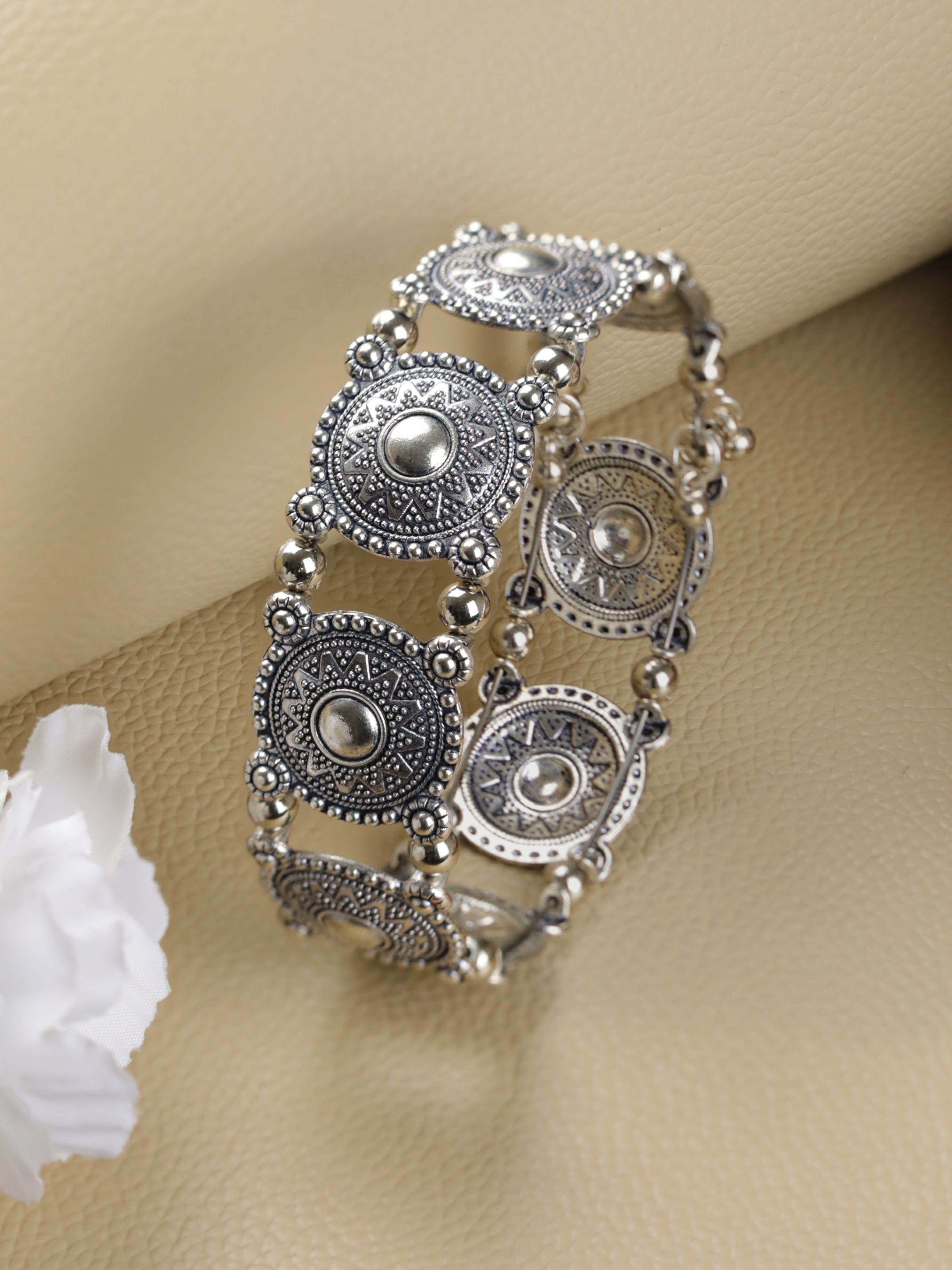 Floral Design & Filigree Work Oxidised Silver Plated Handcrafted Tribal Bracelet